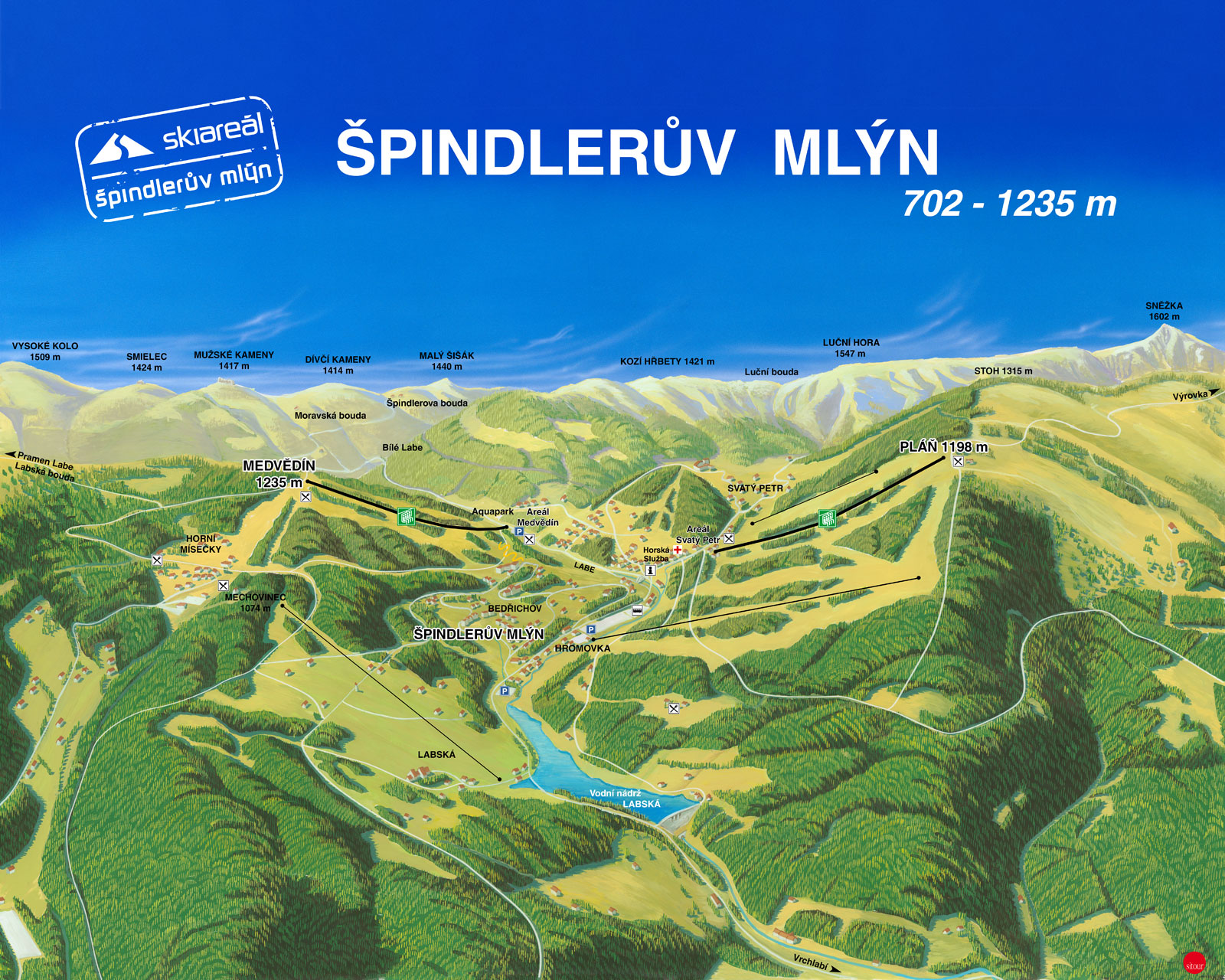 Panoramakarte Skiareál Spindlermühle mit Liften und Pisten